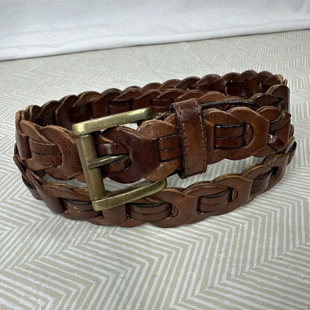 Looped Genuine Leather Belt Womens Med‎ Braided Brown (36.5 Inches) Brass Buckle
